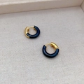 French style gold plated hoop earrings with dark blue enamel inlay on textured fabric - Dark Blue