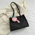 Large black woven tote bag with peach plush charm and shoulder strap for women - With Ornament / Black