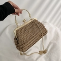 Sac à main en paille tressée kaki avec poignée ronde en métal et bandoulière chaîne - Khaki