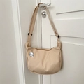 Beige corduroy crossbody bag with cute dog charm and adjustable strap for women - Khaki