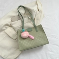 Sage green checkered tote bag with leather strap and pink plush fruit charm - With Ornament / Green