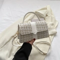 White tweed crossbody bag with golden metallic threads and PU leather top handle - White