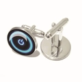 Gemelos para hombre con símbolo de botón de encendido azul en fondo negro moderno - Plateado