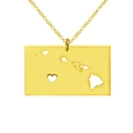 Gold Hawaii map necklace with rectangular hollow pendant and heart pattern on white background - Gold