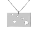 Silver Hawaii map rectangle pendant necklace with hollow heart detail on link chain - Silver