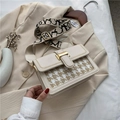Bolso bandolera beige retro con estampado de pata de gallo marrón y correa ancha de jacquard - Blanco (7968)