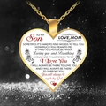 Macro shot of gold heart necklace with sentimental message for son on black bokeh background - Mom To Son-Gold
