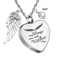 Memorial heart wing necklace with April birthstone and engraved commemorative text - April (Clear)