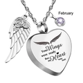 Detailed memorial heart necklace with angel wing charm and February purple birthstone - February (Purple)