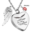 Memorial heart and wing necklace with January birthstone and engraved quote detail - January (Red)