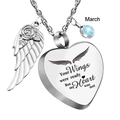 Memorial heart necklace with March birthstone and engraved wings message in steel - March (Light Blue)