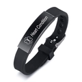 Black silicone medical alert bracelet for Heart Condition with matte metal plate - Black / Heart Disease