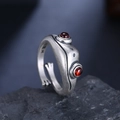 Vintage silver frog open ring with red garnet eyes on a natural dark stone - 925 Sterling Silver Style / Silver
