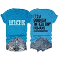 T-shirt bleu vif avec citation tiny humans et short en jean en vues avant et arrière - Bleu lac