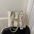 Bolso tote de paja tejida beige con decoración de girasol y correa trenzada verde - Verde