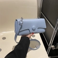 Light blue faux leather flap crossbody bag for women with circular buckle detail - Blue