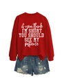 Sweat-shirt rouge à imprimé texte et short en jean vieilli posé à plat de face - S / Rouge Vif (Police Blanche)