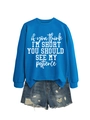 Blue sweatshirt with funny letter print paired with distressed denim shorts for casual style - Lake Blue (White Font)