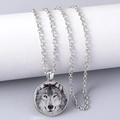 Silver Siberian wolf head totem glass cabochon pendant necklace with a fine chain link - Black and White Wolf / Gray