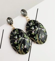 Vintage oval acrylic drop earrings with hummingbird floral print and gold finish - Black