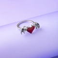 Gothic demon wing ring with a vibrant red heart in a punk hip hop silver-toned finish - Red