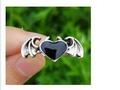 Gothic black heart ring with silver bat wings and devil horns in punk style - Black