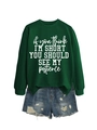 Detail of dark green sweatshirt with white text and distressed denim shorts - Dark Green (White Font)