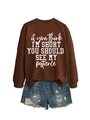 Brown crewneck sweatshirt with slogan and distressed denim shorts two-piece outfit - Coffee (White Font)