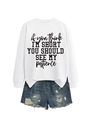 Detail of white sweatshirt with text print and frayed denim shorts with tassels - White (Black Font)