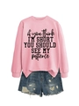 Pink crewneck sweatshirt detail featuring black text slogan and blue denim shorts combo - Pink (Black Font)