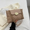Quilted beige shoulder bag with gold twist lock and woven chain strap for women - Khaki
