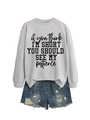 Flat lay of gray crewneck sweatshirt with text and distressed blue denim shorts set - Grey (Black Font)