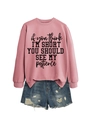 Detail of pink crewneck sweatshirt featuring black humor slogan print and denim shorts - Rose Gold (Black Font)