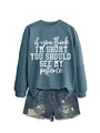 Detail of navy blue crewneck sweatshirt with white quote and distressed denim shorts - Blue (White Font)