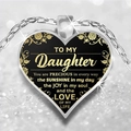 Silver heart necklace for daughter with black inlay and golden floral message pendant - Silver (To My Daughter New)