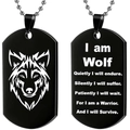 Matte black wolf head dog tag necklace with warrior quote on stainless steel - Black