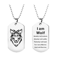 Wolf head engraved stainless steel dog tag necklace with inspirational quote - Silver