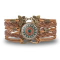 Detail eines mehrlagigen Boho-Lederarmbands mit Mandala-Anhänger und Unendlichkeitssymbol - Buntes Mandala-Muster (BOB299-1)