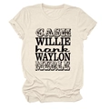 Flat lay of beige cotton T-shirt featuring vintage country music legends name print - S / Sand