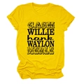 Détail de l'imprimé country sur un t-shirt en coton jaune à col rond pour femme - S / Jaune
