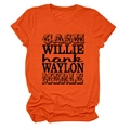 Détail du t-shirt orange à col rond avec noms de chanteurs de country imprimés en noir - S / Orange