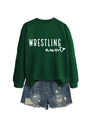 Flat lay of a dark green crewneck sweatshirt and distressed denim shorts with heart graphic - Dark Green Sweatshirt (White Font)