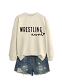 Detail view of beige Wrestling Aunt sweatshirt and distressed denim shorts set - Sand Sweatshirt (Black Font)