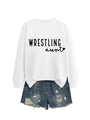 White crewneck sweatshirt with Wrestling Aunt print and ribbed cuffs in a flat lay - White Sweatshirt (Black Font)