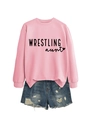 Flat lay of pink crewneck sweatshirt with Wrestling Aunt print and ripped denim shorts - Pink Sweatshirt (Black Font)
