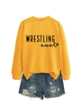 Detailed flat lay of bright yellow crewneck sweatshirt with Wrestling Aunt heart print - Yellow Sweatshirt (Black Font)