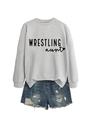Flat lay of a grey crewneck sweatshirt with Wrestling Aunt print and distressed denim shorts - Grey Sweatshirt (Black Font)