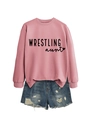 Flat lay of pink 'WRESTLING aunt' sweatshirt with distressed denim shorts detail - Rose Gold Sweatshirt (Black Font)