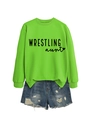 Detail of neon green crewneck sweatshirt with Wrestling Aunt print and denim shorts - Fluorescent Green Sweatshirt (Black Font)