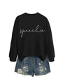 Flat lay of black crewneck sweatshirt with speechie print and ripped denim shorts set - S / Tops / Black (White Font)